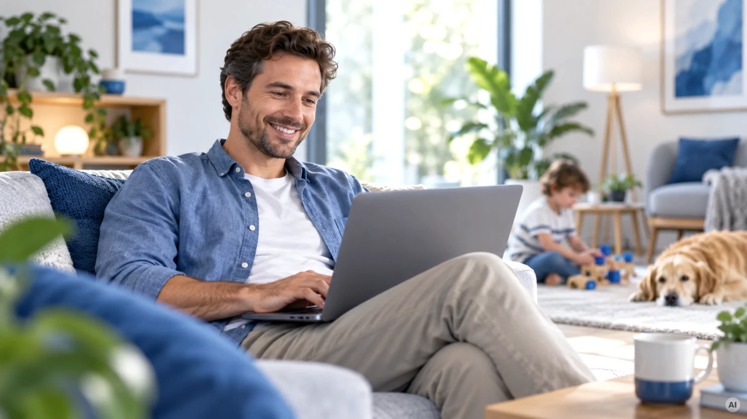 Mann mit Laptop im Wohnzimmer; im Hintergrund spielt ein Kind neben einem ruhenden Hund.